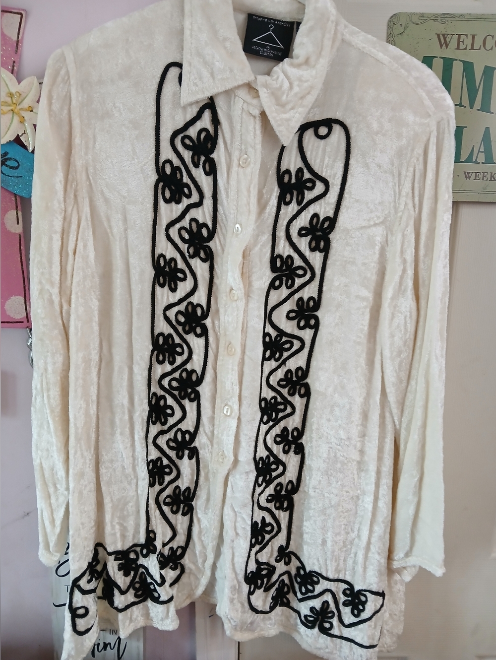 Anthony Black & White ivory Embroidered Large Ladies Tunic Top Vintage Crushed